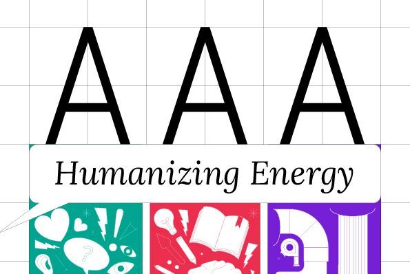 La parte superiore della copertina del volume "AAA Humanizing Energy" con elementi in verde, rosso e blu
