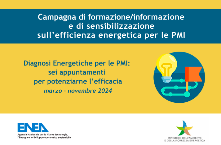 La locandina della campagna di formazione e informazione per l’esecuzione delle diagnosi energetiche nelle piccole e medie imprese su sfondo blu e giallo. In basso i loghi di ENEA e MASE.