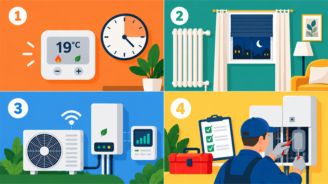 Infografica sui comportamenti che favoriscono l'efficienza energetica domestica: mantenere una temperatura di 19 °C, utilizzare correttamente il riscaldamento, adottare sistemi intelligenti di controllo e garantire una regolare manutenzione degli impianti