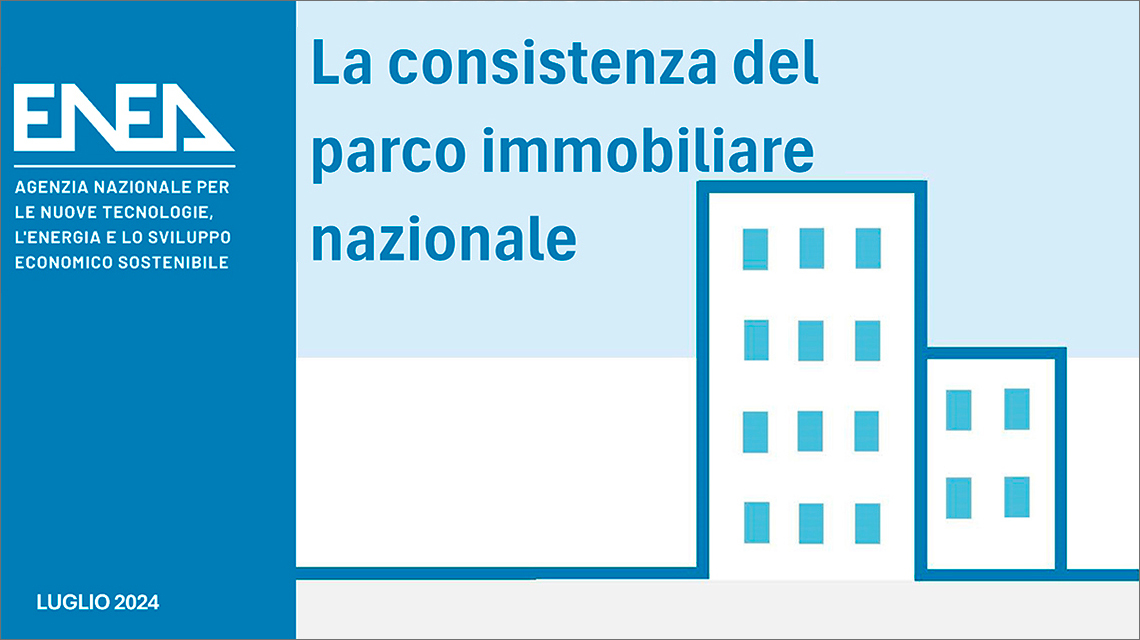 La copertina del volume "La consistenza del parco immobiliare nazionale" con logo ENEA e datazione a luglio 2024 su sfondo azzurro e bianco