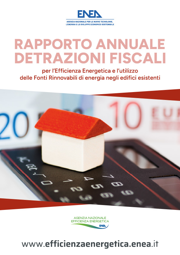 La copertina del Rapporto sulle detrazioni fiscali per l’efficienza energetica e l’utilizzo delle fonti rinnovabili di energia negli edifici esistenti sormontata dal logo ENEA su sfondo bianco