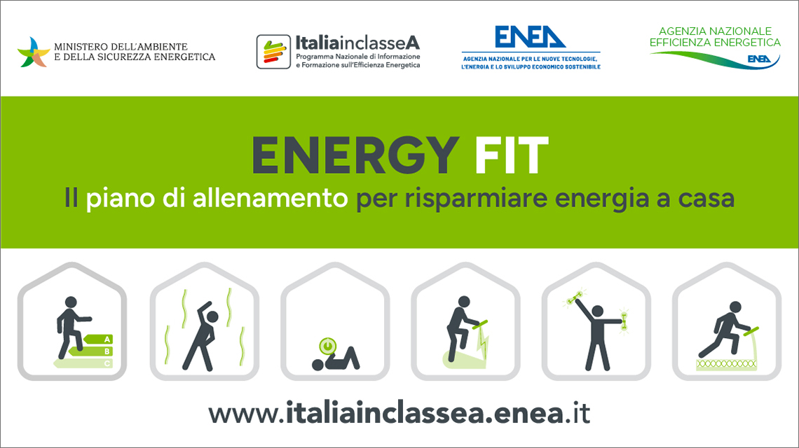 La copertina dell'opuscolo "Energy Fit" con la scritta "il piano di allenamento per risparmiare l'energia a casa" e i loghi delle istituzioni coinvolte