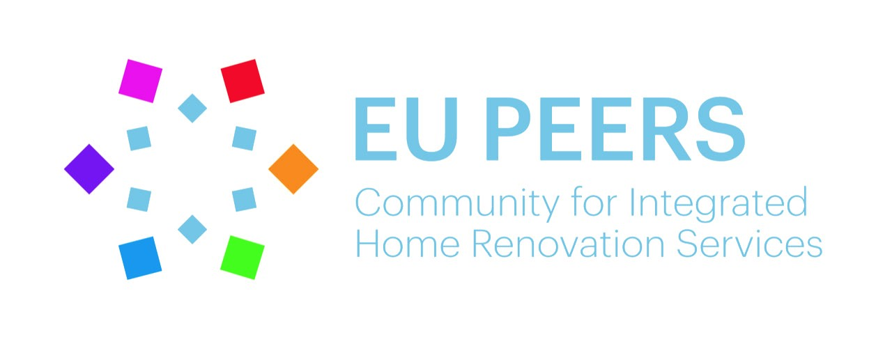 Il logo del progetto europeo EU Peers - European Practitioners for Integrated Home Renovation Services con dieci quadrati stilizzati in vari colori e il nome del progetto in turchese su sfondo bianco