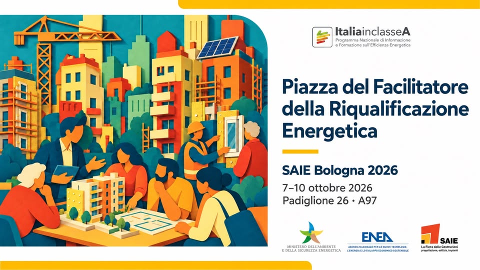Illustrazione stilizzata di un contesto urbano con edifici in fase di riqualificazione energetica, operatori tecnici e modellino di un edificio. Banner dell'iniziativa