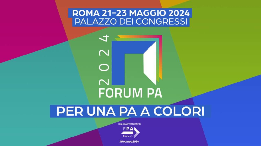 Il logo di Forum PA 2024 sullo sfondo di sette diversi colori con la scritta "per una PA a colori"