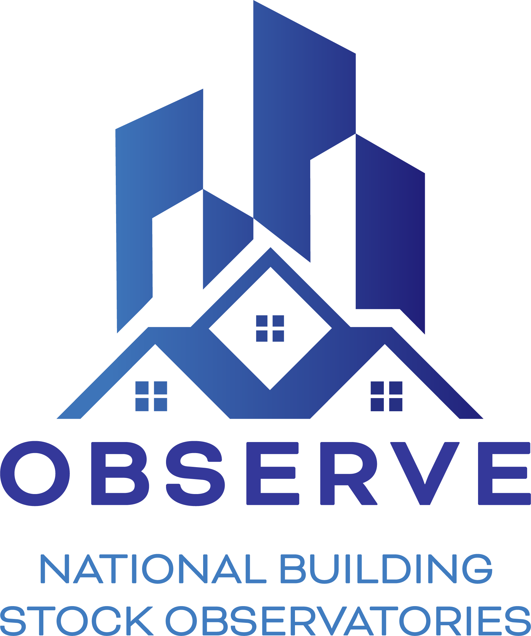 Il logo del progetto OBSERVE - National Building Stock Observatories in blu su sfondo bianco con case e grattacieli stilizzati