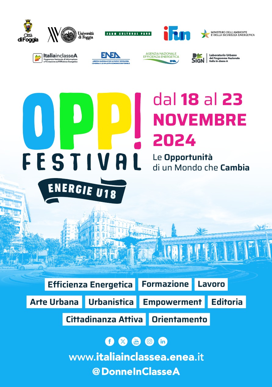 La locandina dell'OPP! Festival Energie U18 – Foggia sormontata dai loghi delle istituzioni e delle associazioni coinvolte