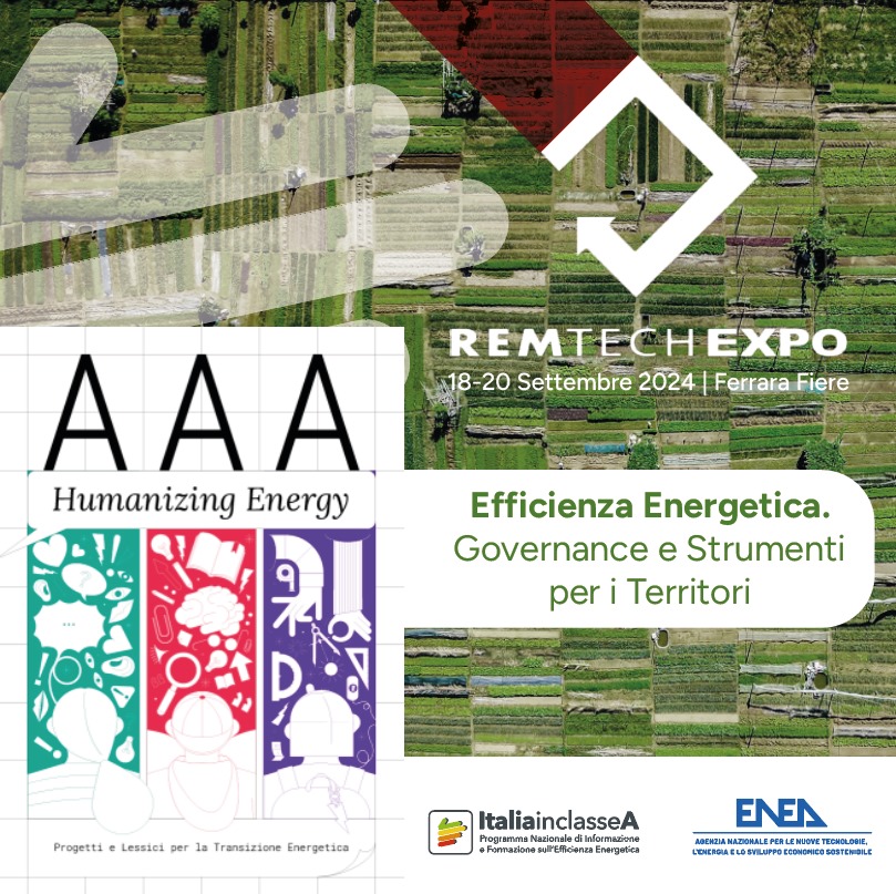 Il logo di REMTECH Expo 2024 con sotto la copertina del volume AAA Humamizing Energy e la scritta Efficienza energetica e governance e strumenti per i territori