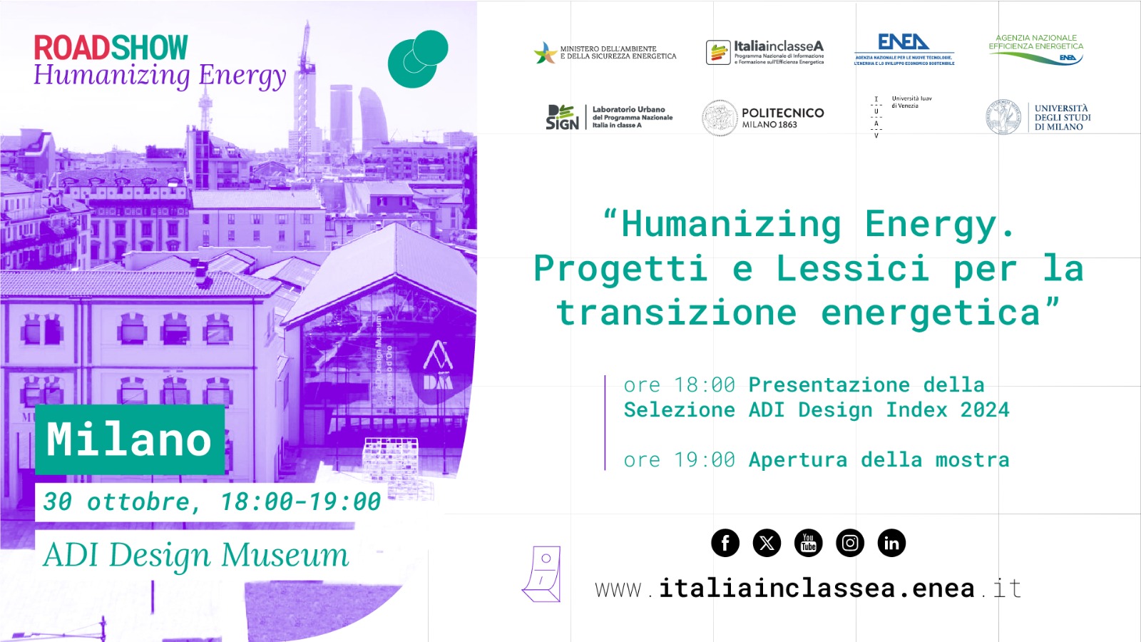 La locandina della tappa milanese del roadshow Humanizing Energy con i loghi dell'ENEA e delle altre istituzioni coinvolte