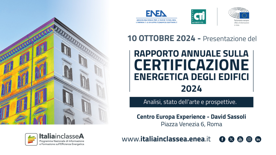 La locandina della presentazione del  del V Rapporto Annuale sulla Certificazione Energetica degli Edifici con i loghi di ENEA, CTI e del Parlamento Europeo e, in basso, della campagna 