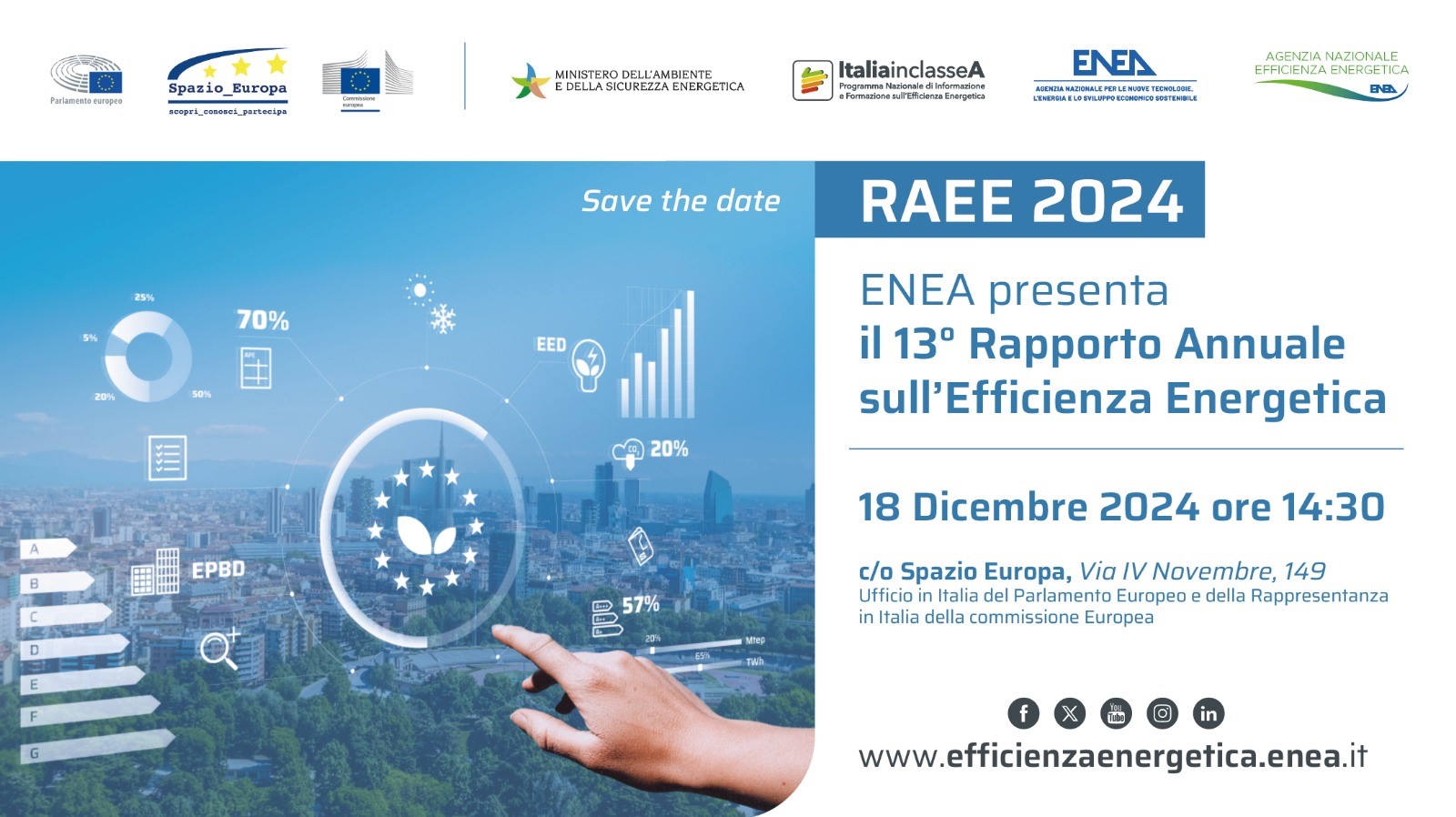 La locandina della presentazione del Rapporto Annuale sull'Efficienza Energetica 2024 con data, location e loghi delle istituzioni coinvolte 