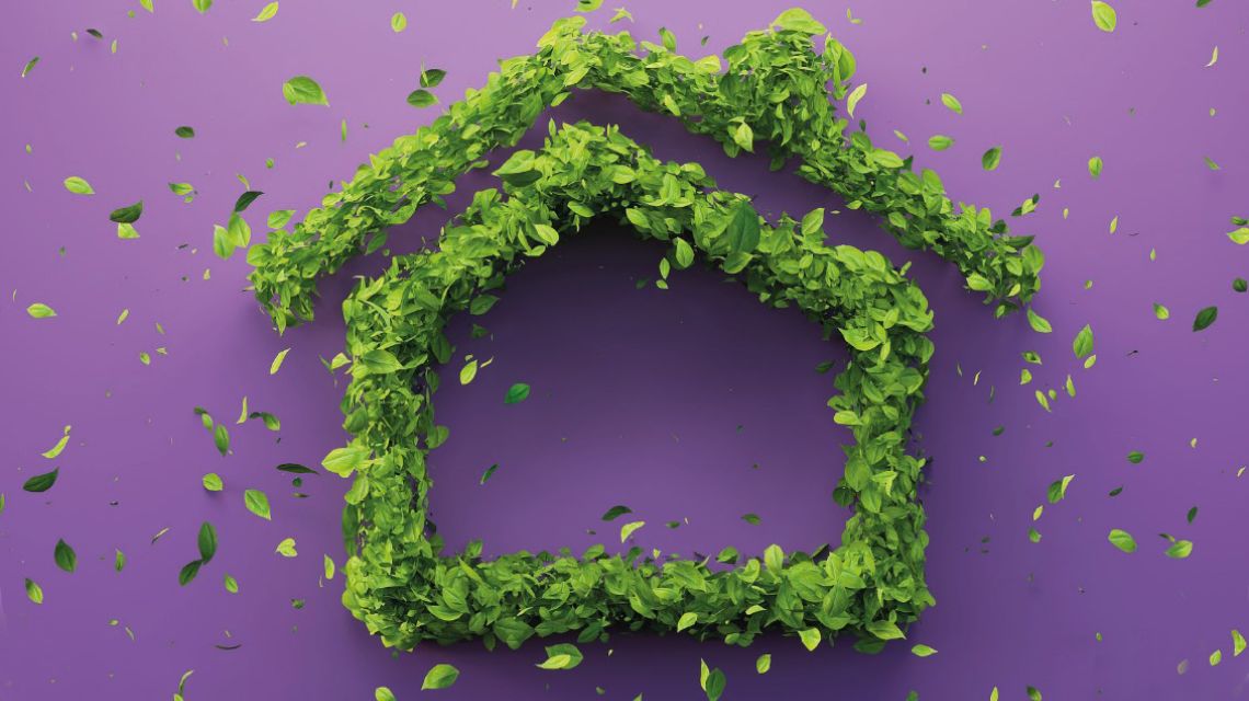 L'immagine di copertina delle linee guida ENEA su tetti e pareti verdi con una casetta stilizzata in verde su sfondo viola
